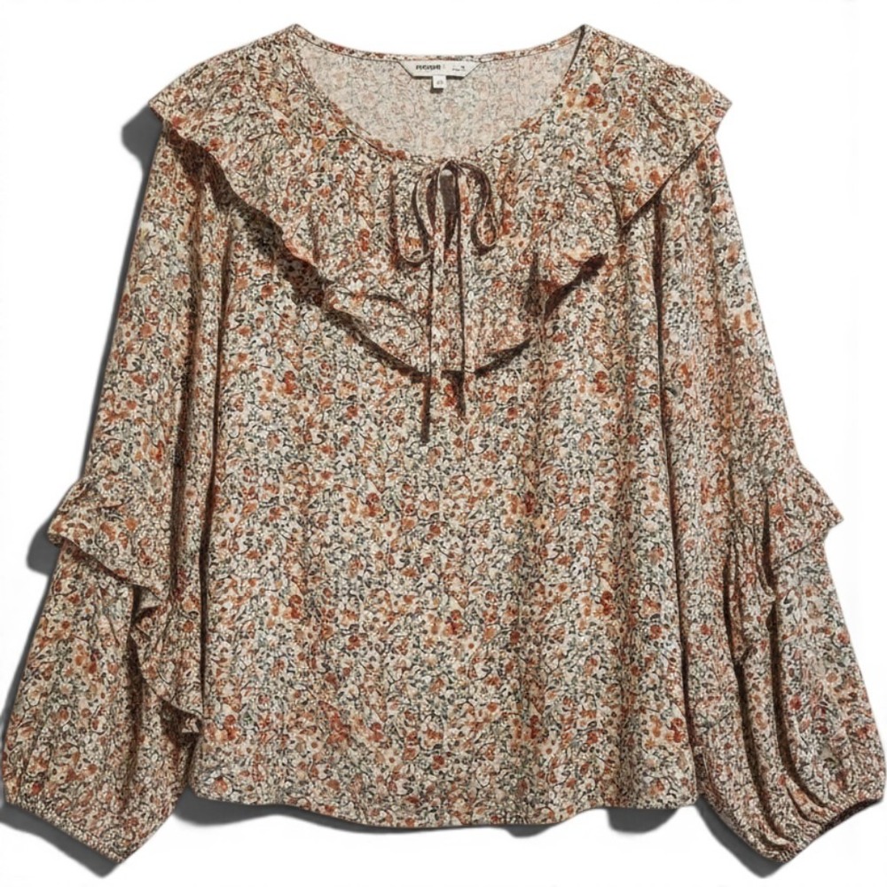 Blouse Womens 2X Multicolor Floral Ruffle Bell Sleeve Top NWT Fall colors